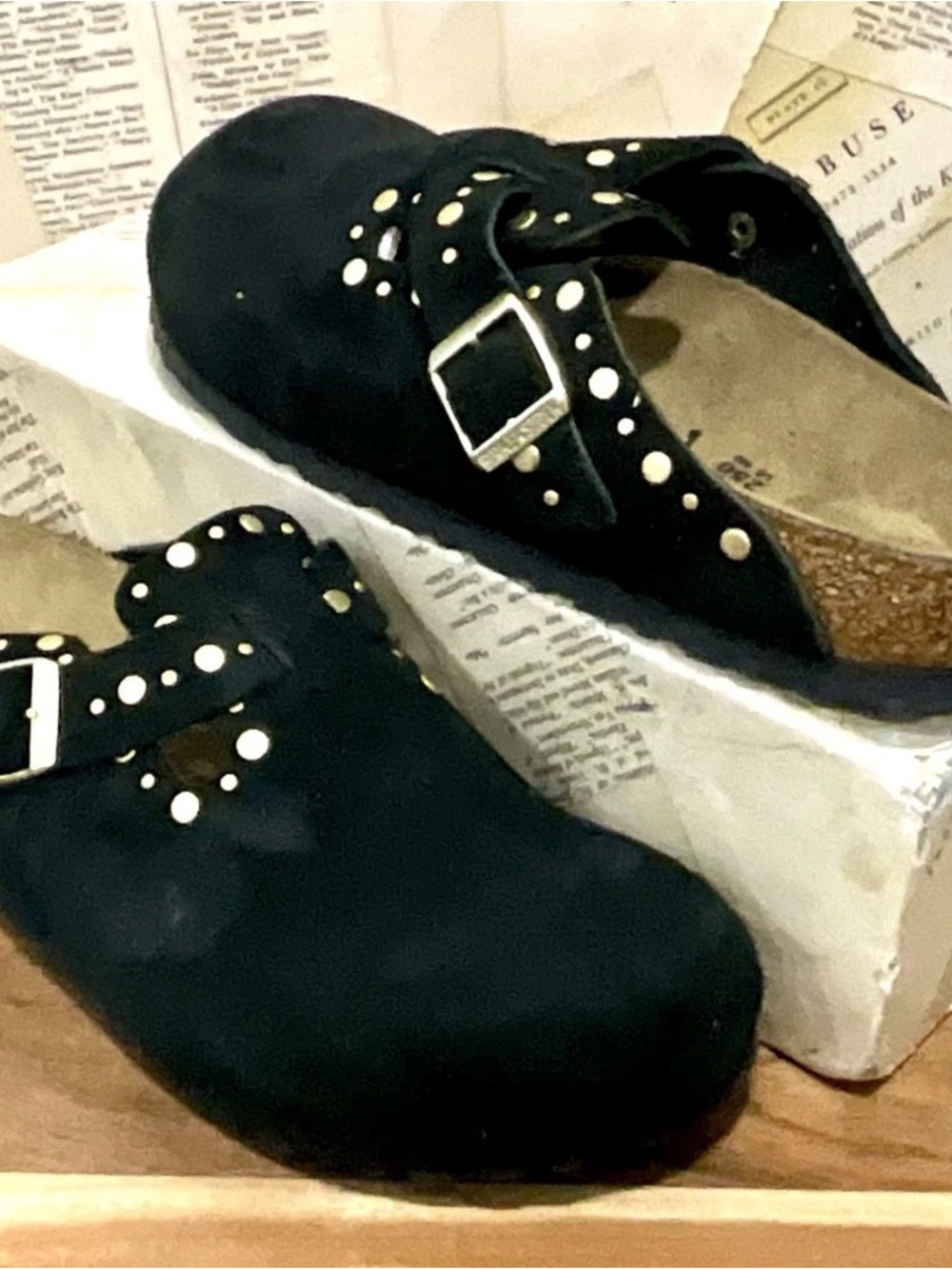 Free People Birkenstock Boston Rivets Clog Black Suede Brass Matte Studs - Picture 4 of 9